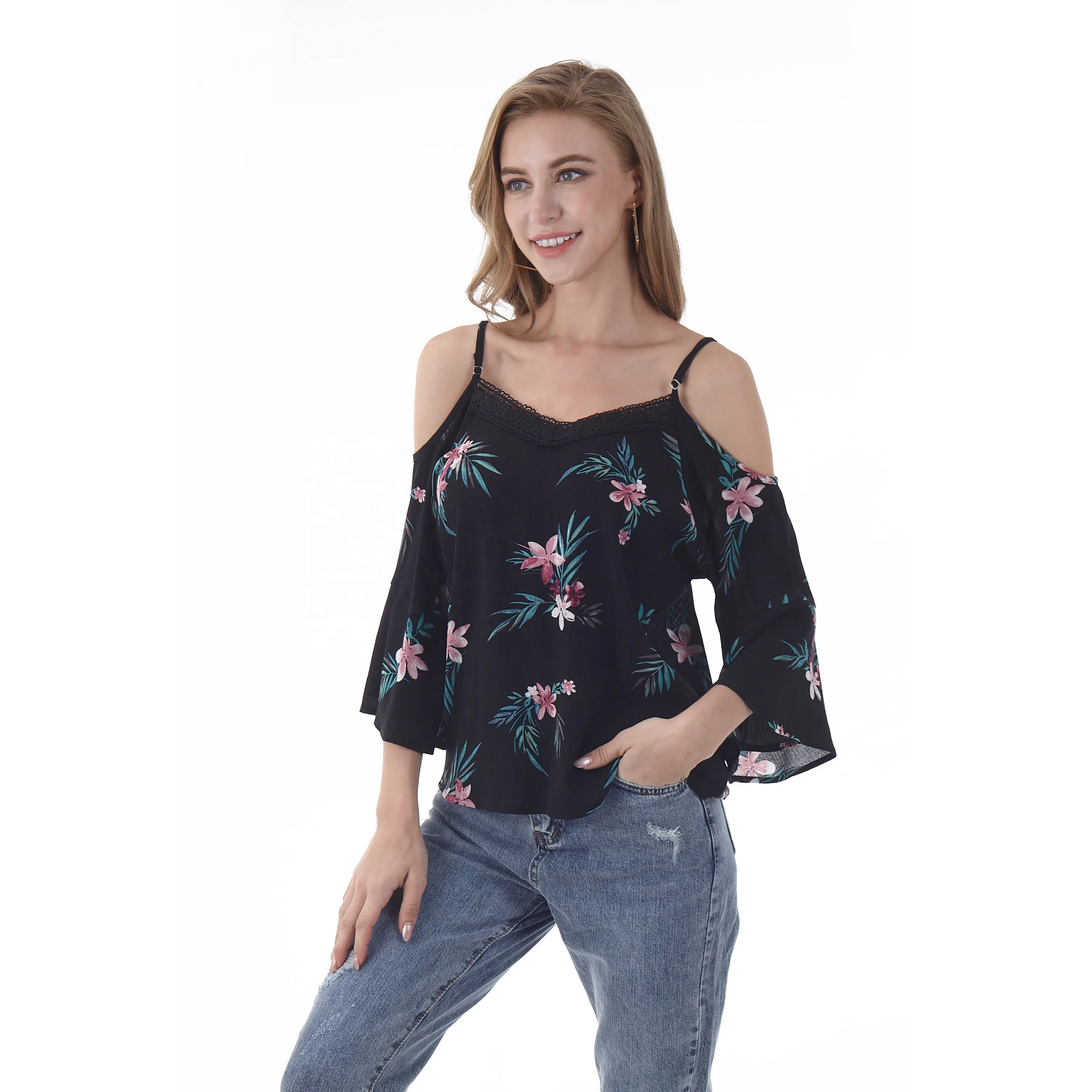 

Woman Print Sexy Backless Off Shoulder Sling Blouse Lace Flower Top Loose Blouse