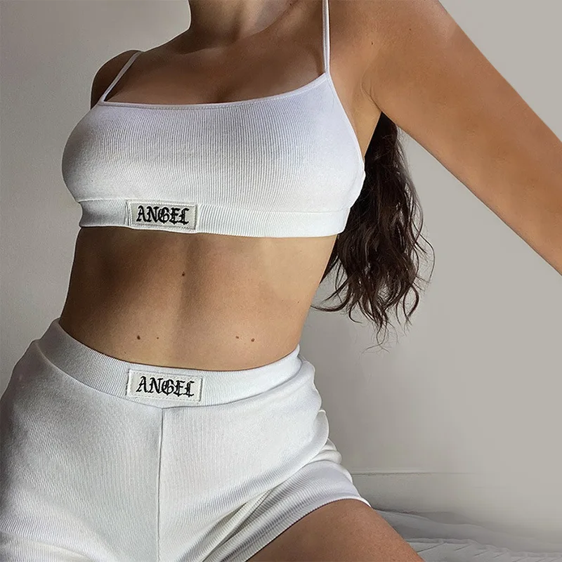 

Knitted 2 Pieces Sets Women Cropped Top And Shorts Set Skinny Elastic Fashion Two Piece Summer Streetwear B1461