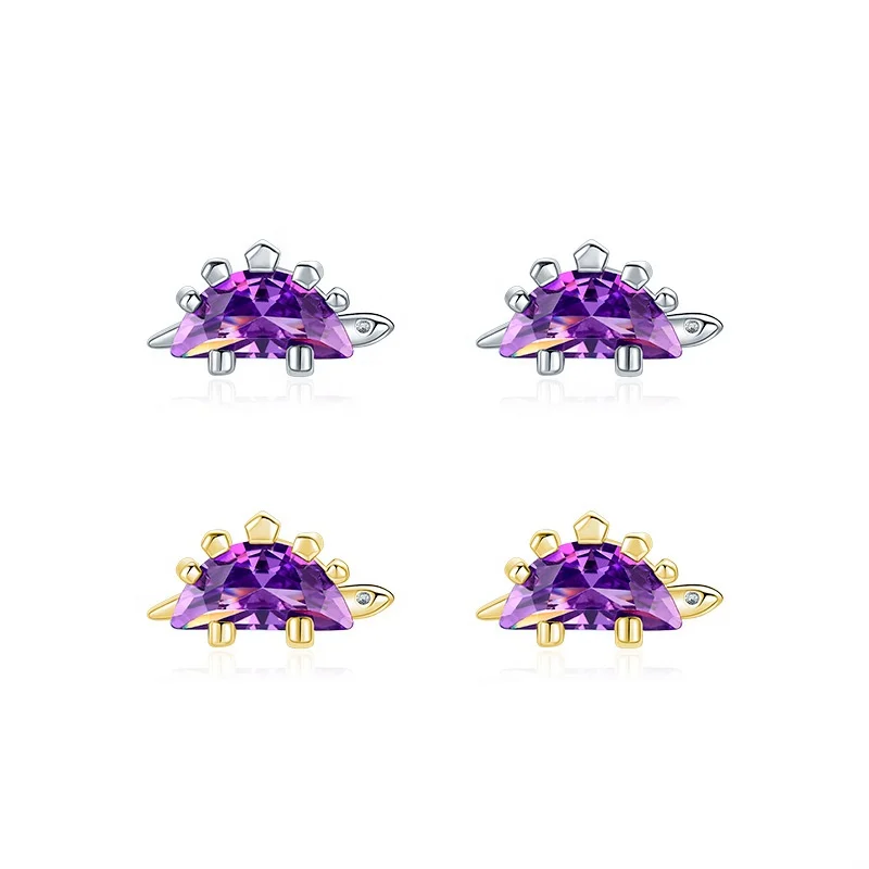 

Small Dinosaur Earrings for Newly Pierced Ears 925 Sterling Silver Dinosaur Stud with purple Cubic Zirconia for Women Girls