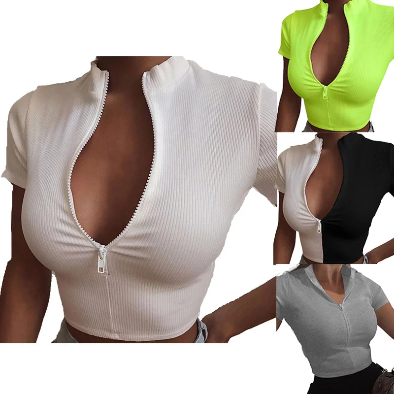 

2021 Summer Sexy Tops Solid Bodycon Short Sleeves Zipper V Neck Cute Women Crop Tops