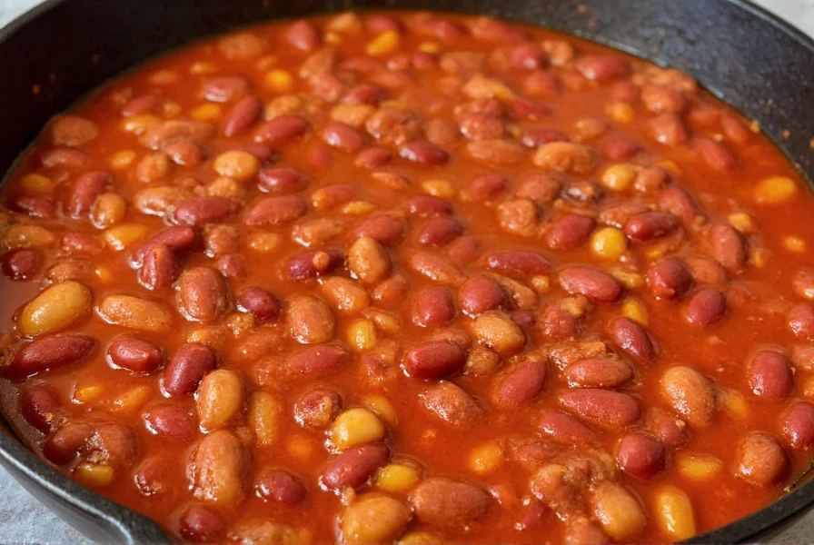 Perfectly cooked beef chili with beans in a cast iron pot showing rich red color and visible kidney beans