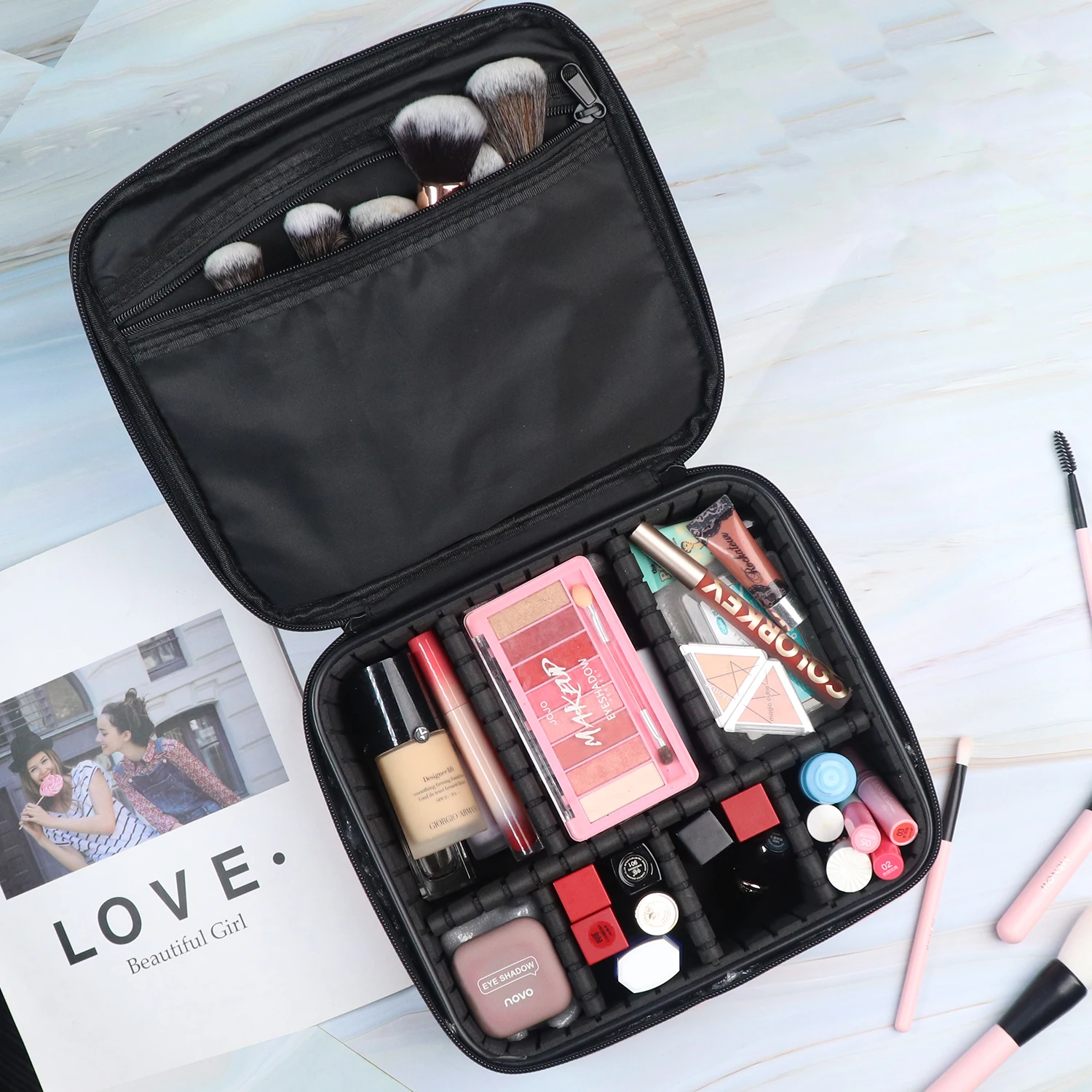 

PU Leather Custom Waterproof Travel Organizer Cosmetic Bag Portable Brushes Makeup Case