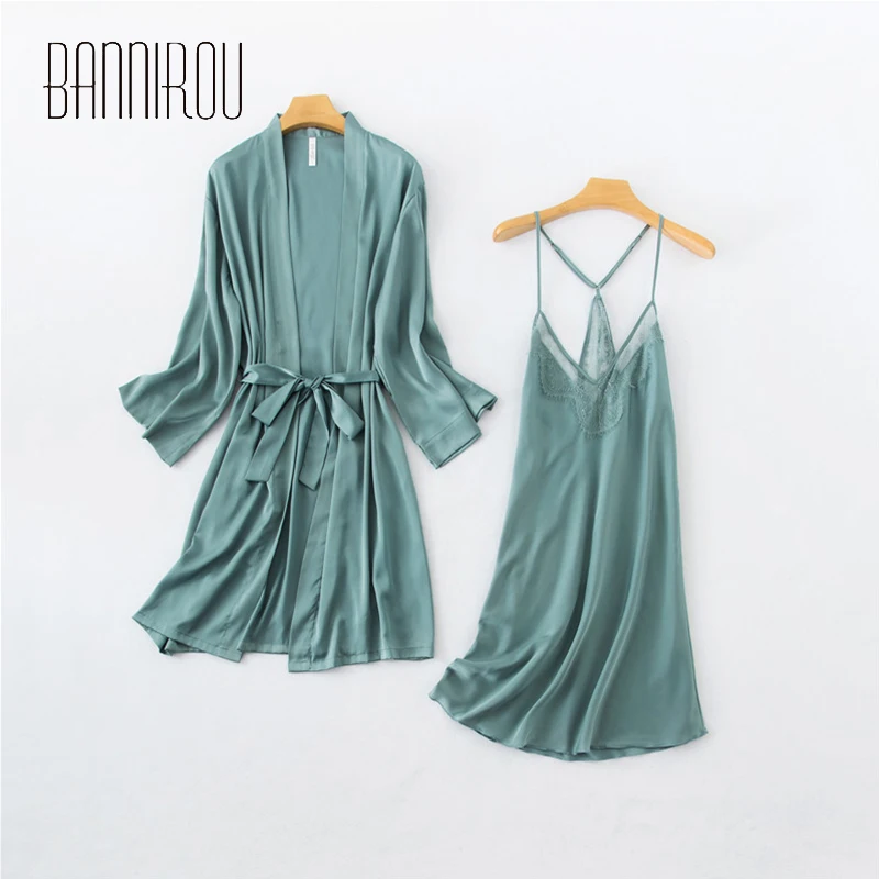 

Robes Sexy Slip Dress Set For Woman Robe Lace Sling Female Elegant Nightdress 2 Pieces