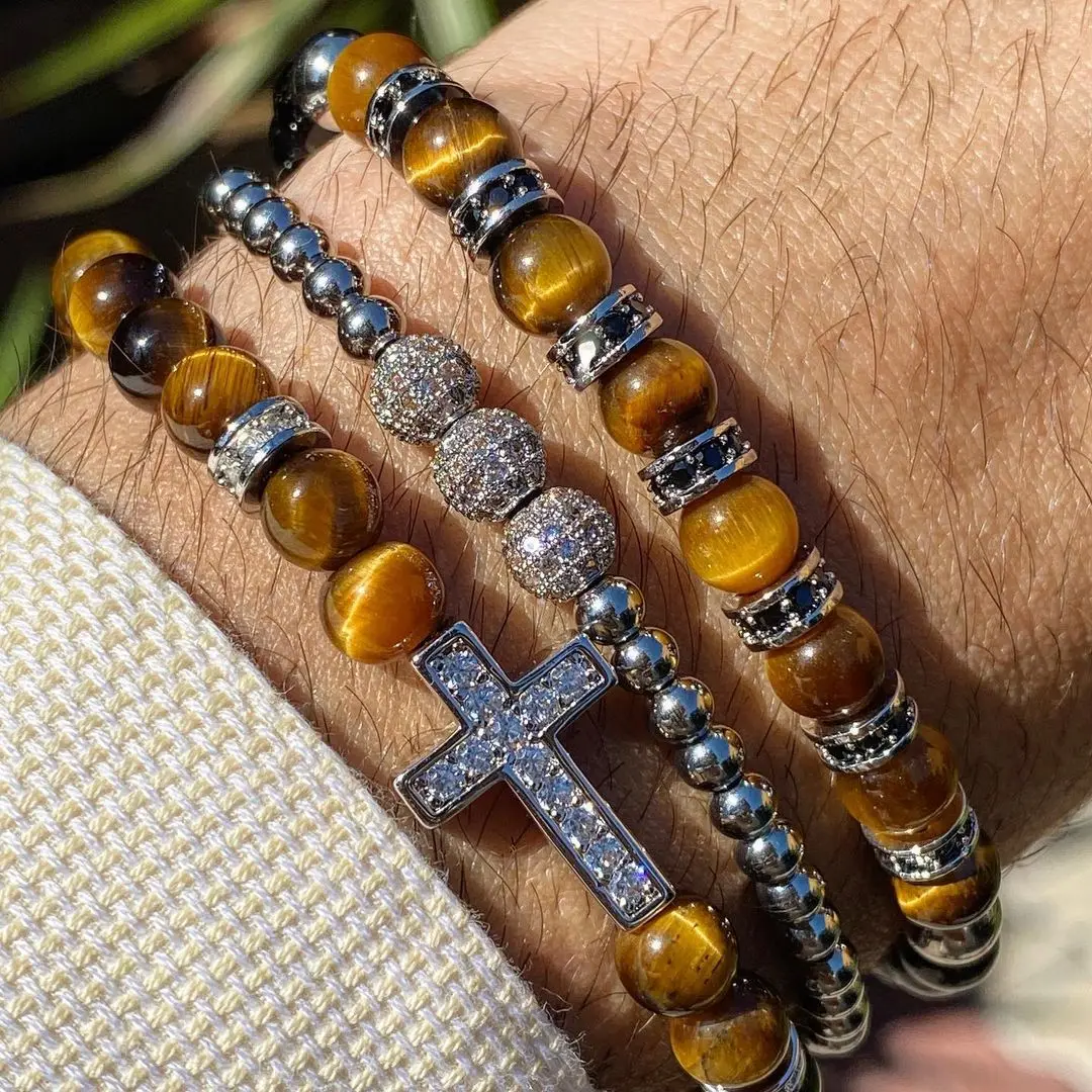 

Best Quality 3Pcs/Set Tiger Eye Stone Beaded Bracelets Natural Stone Micro CZ Pave Cross Bracelets For Men's Jewelry