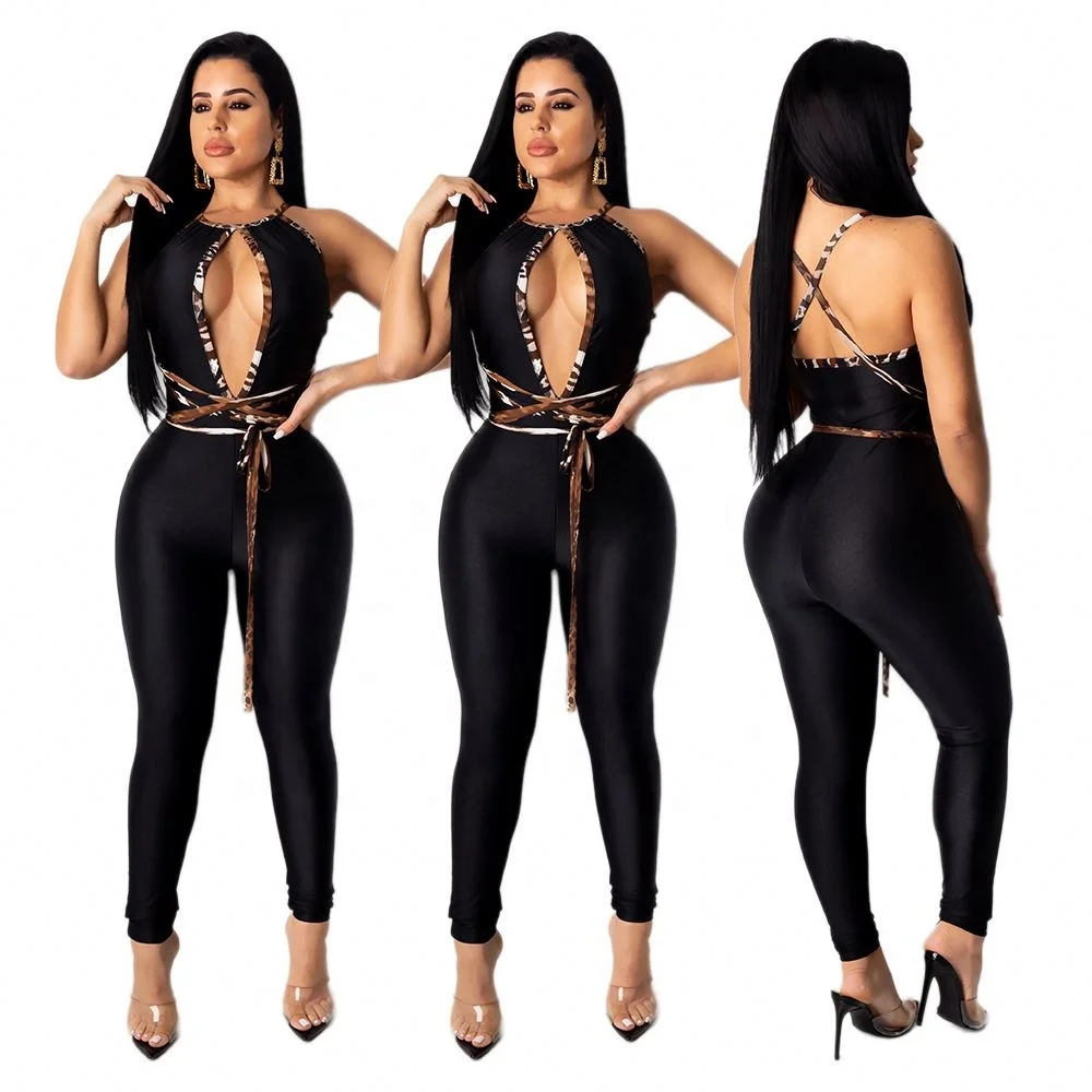 

Sh7156 Ladies Black Sexy Stitching Halter Lace Up Slim Fit Jumpsuit Women Body Suit Pants For
