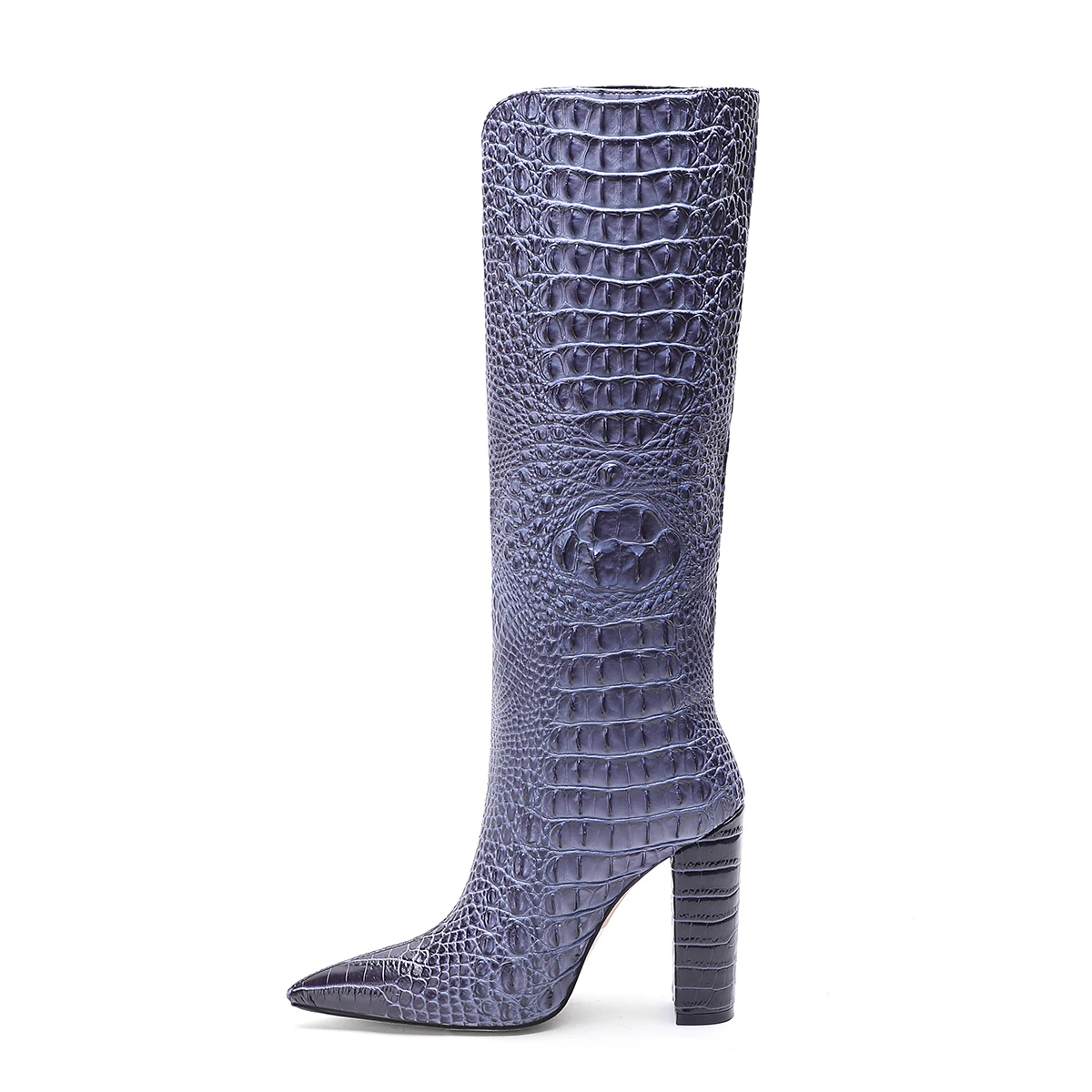 

Women Pointy Toe Block Heels Crocodile Shoes Wide Calf High Knee Winter Female Boots