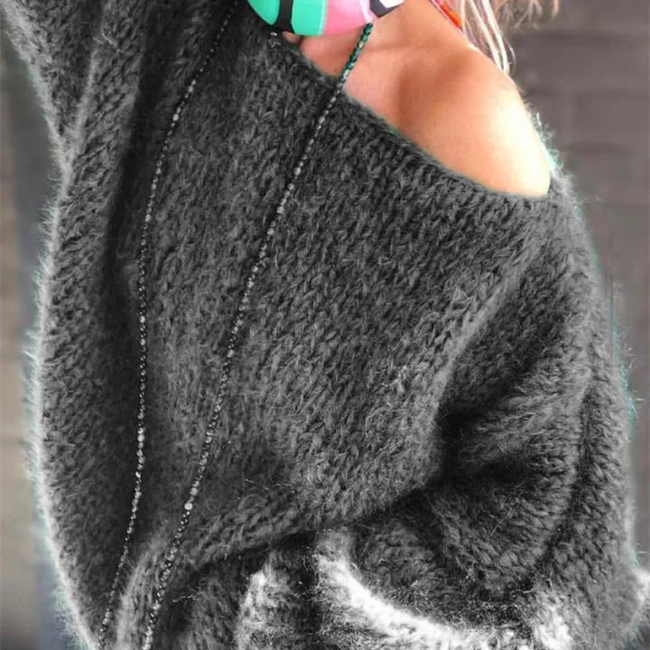 

Factory Sales Women's Fashion Sweater V-neck Long-sleeved Solid Color Knitted Sweater Casual Street