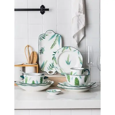 

Underglaze Color Bone China Dinnerware set Creative Green Plants Bowl Cup Spoon and Saucer Sets, As the picture show