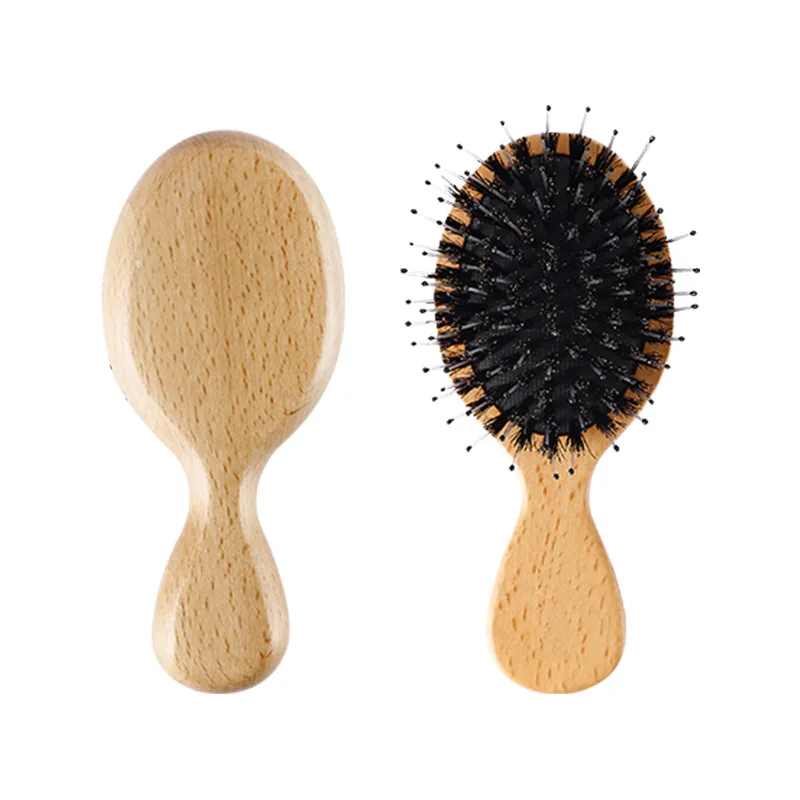 

New Wood Handle Natural Boar Bristle Hair Brush Small Hair Brush Bristle Nylon New Salon Detangling Hair Comb Detangling Comb, Natural color