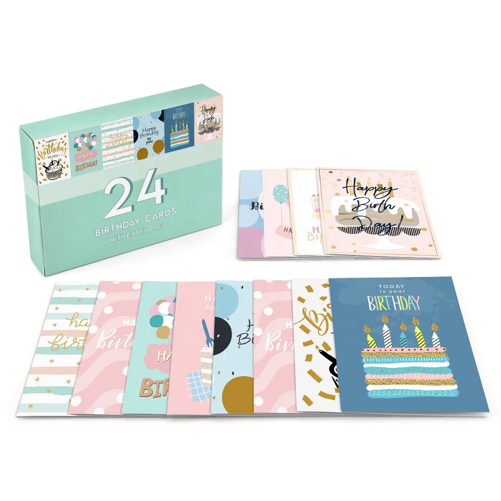 

2023 New Design 24 Assorted Happy Birthday Cards Custom Printing Best Paper Blank Greeting Cards with Envelope Bulk Pack Box Set