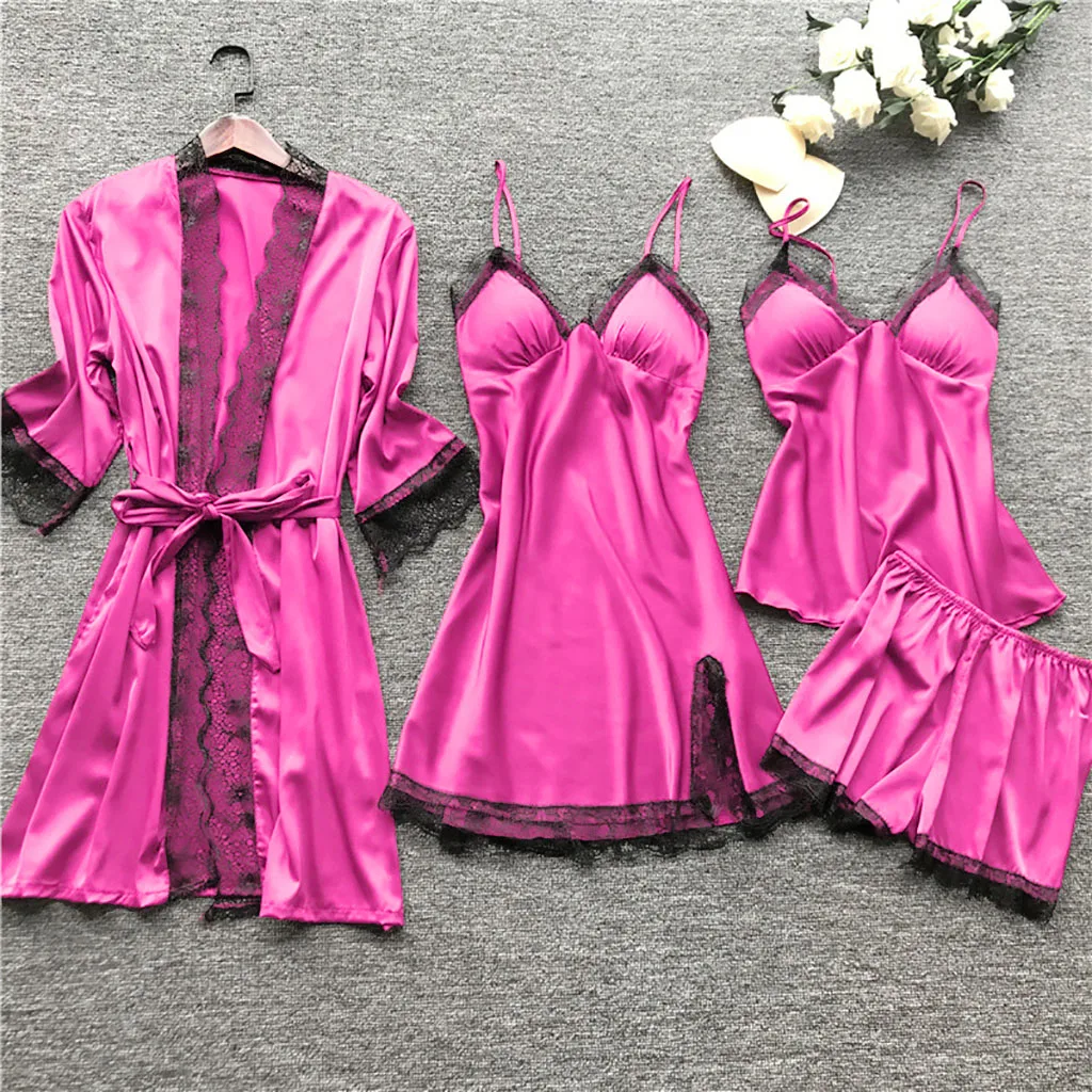 

Four - piece condole belt plus size suit with chest pad pajamas woman pajamas multi - color home wear lingerie, Picture shows