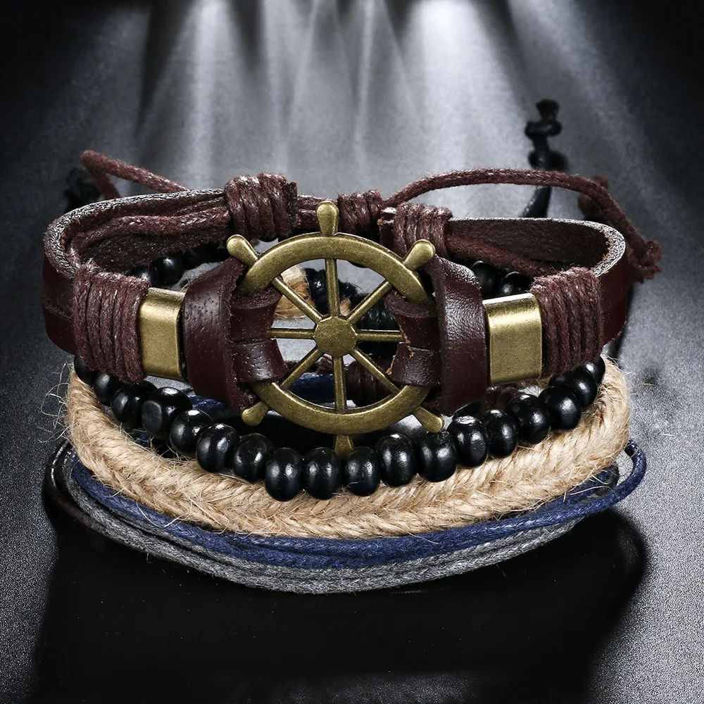 

Simple Vintage Rudder Woven Leather Multi-layer Hand Rope Combination Lovers Bracelet