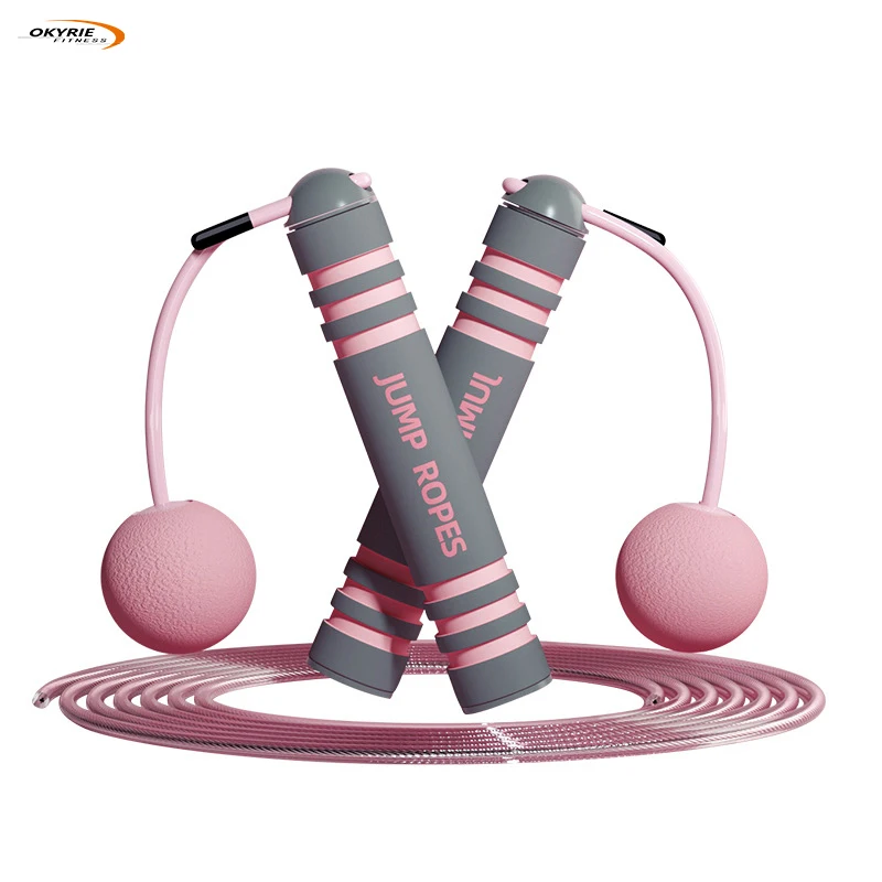 

OkyRie long handle jump rope skipping digital skipping rope jump smart counter handle pvc weighted jump rope with beads, Black, pink, customized