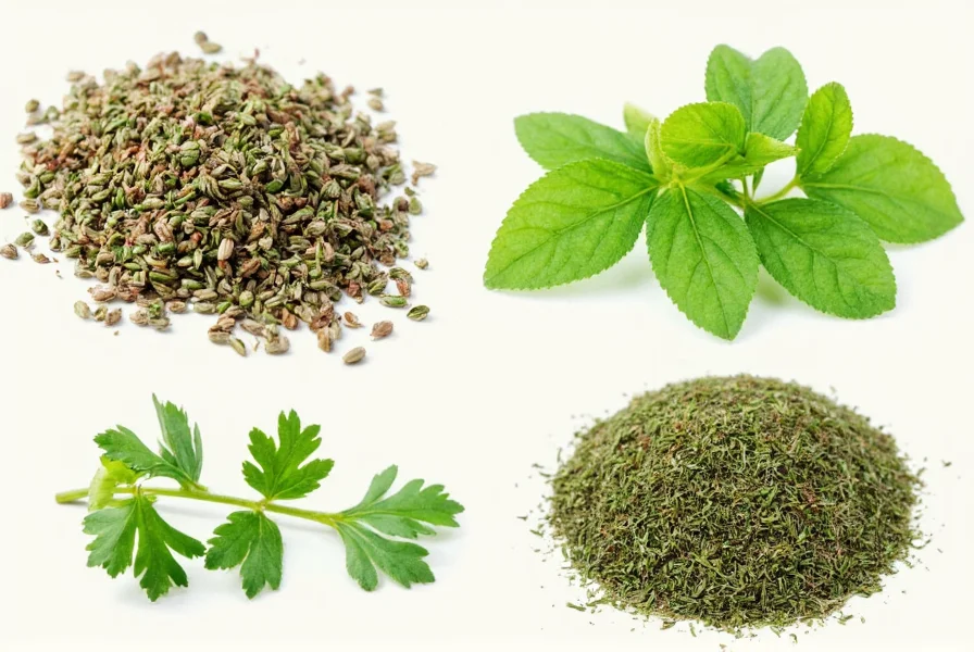 Fresh coriander leaves next to common substitute herbs