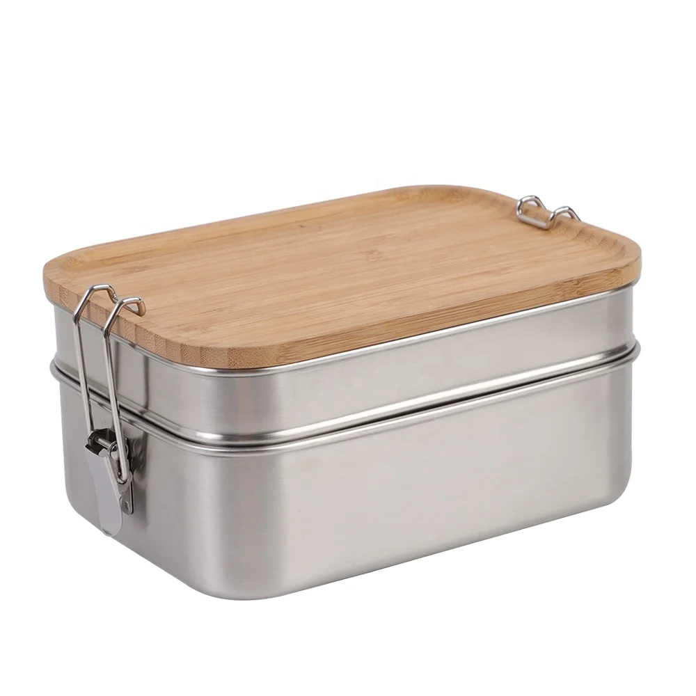 

Nicety Eco-friendly Food Storage Container BPA Free Stainless Steel 304 Bento Lunch Box with Bamboo Lid Double Layer Tiffin Box