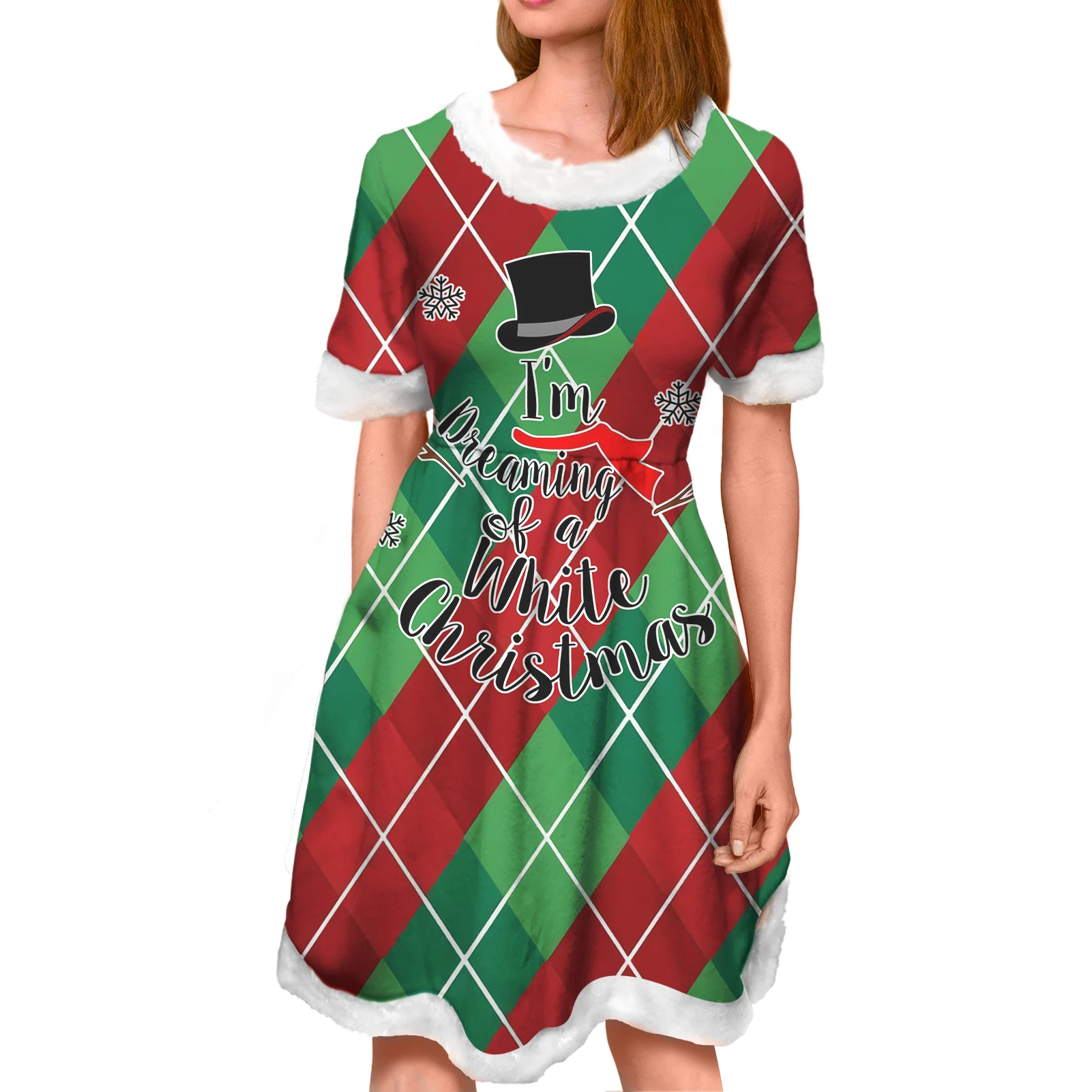 

Christmas Red/Green Plaid with Gentleman Hat Snowflake Pattern Christmas Gifts Lady Casual Short Sleeve A-line Dress for Women
