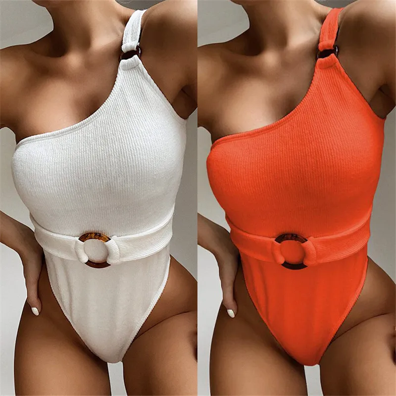 

MD-20031507 New Sexy One Shoulder Solid Color Bathing Suit Knit One Piece Swimwear Women Push Up Women Beachwear Swimsuit, 2 colors