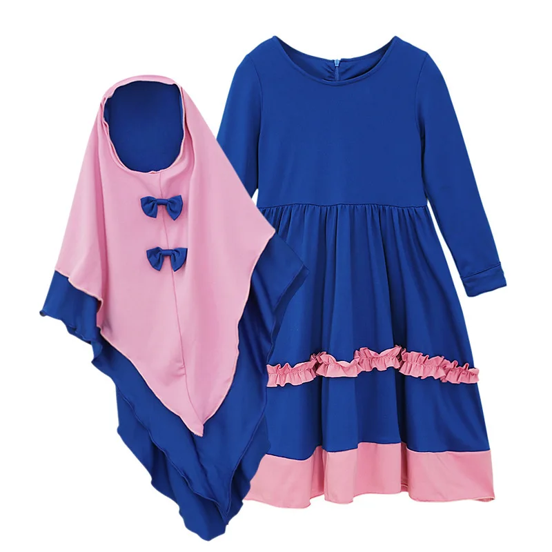 

Muslim Children Dress Set Round Neck Solid Color Islamic Clothes Muslim Little Girls Patchwork Loose Casual Dress