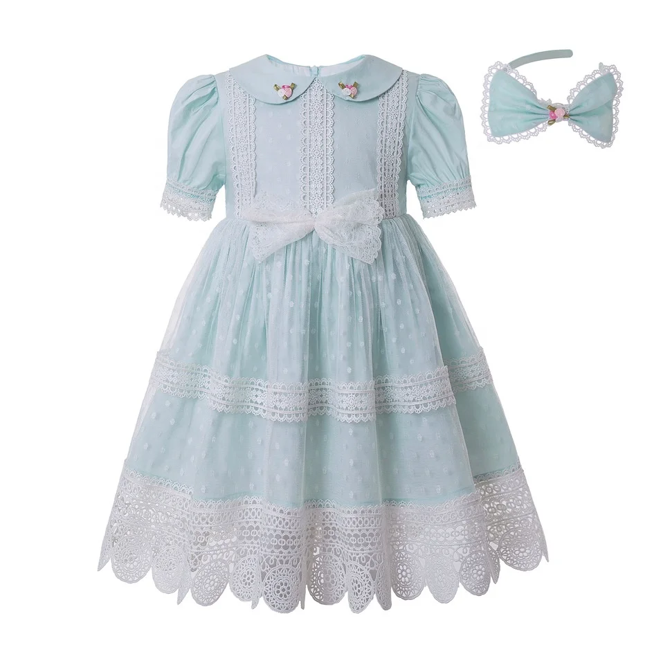 

OEM 2021 Spring Pettigirl Little Girls Dresses with Headbands Mesh Easter Dress with Lace Elegant Long Baby Girl Clothes