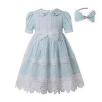 

2020 Hot Selling Spring Pettigirl Little Girls Dresses with Headbands Mesh Easter Dress with Lace Elegant Long Baby Girl Clothes
