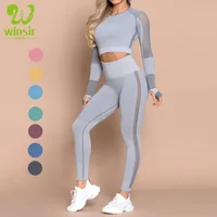

Custom Women seamless fitness suit long sleeve hollow mesh sexy open navel exercise crop top fitness yoga pants Leggings set