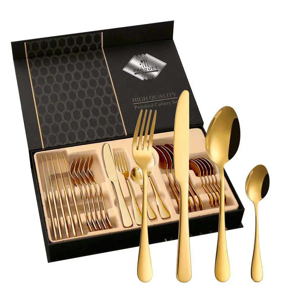 

Custom Laser Knife Spoon Fork Set Gold Cutlery 24PCS Stainless Steel Flatware sets Gift Cutery Set