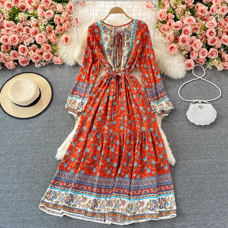 

Beach Seaside Vacation Bohemian Long Loose Tie Printed Casual Dress Women