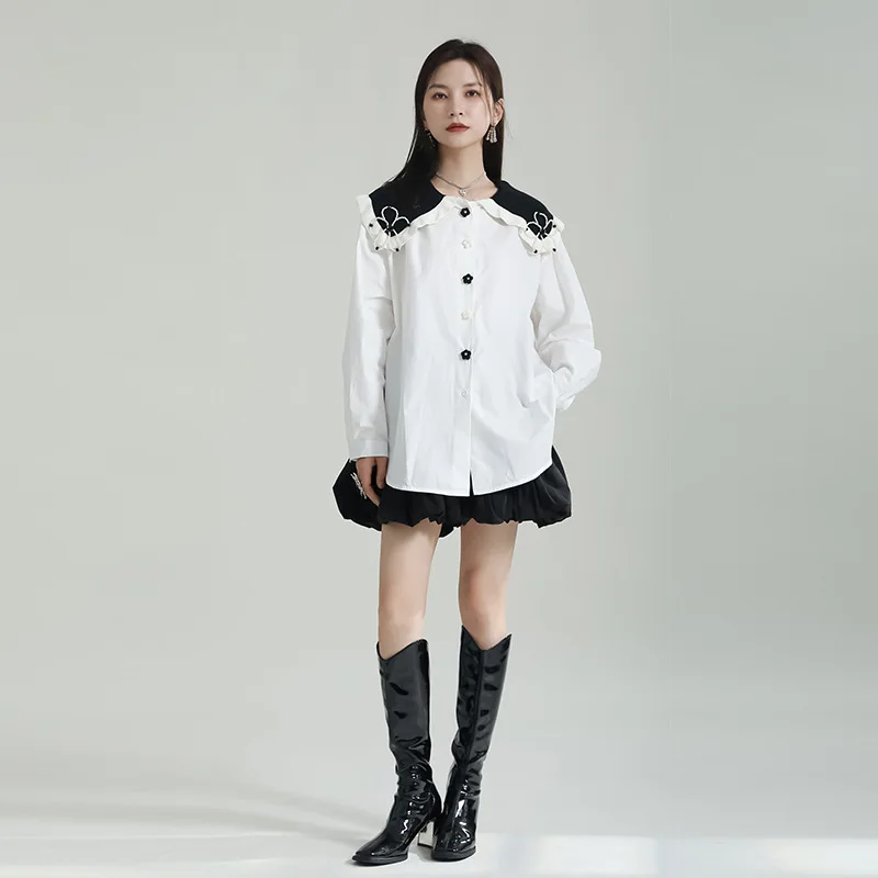 

2023 Spring Clothes New Asymmetrical Square Collar Cloud Shirt Female Design Sense Niche Mid-length Shirt