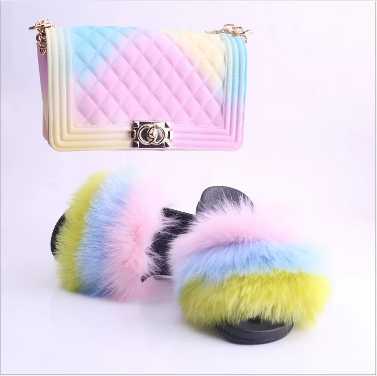 

High quality fake fox Fur Slippers Matched PVC Jelly Purse Handbags Fur Slides with purse set for women, Customized color