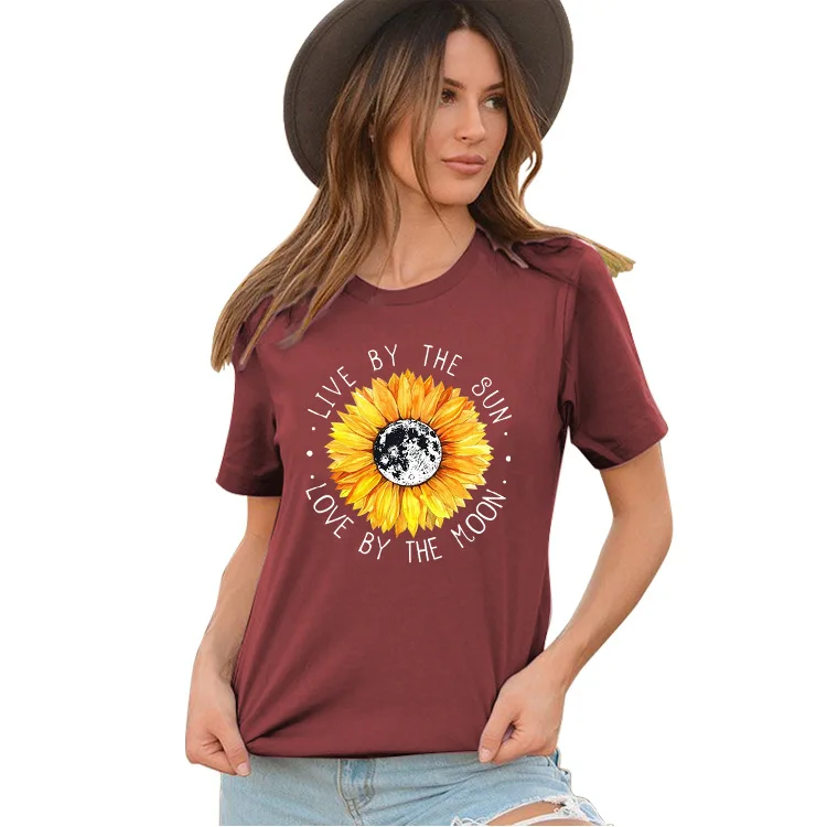 

Live By The Sun Love By The Moon Sunflower Print T-Shirts