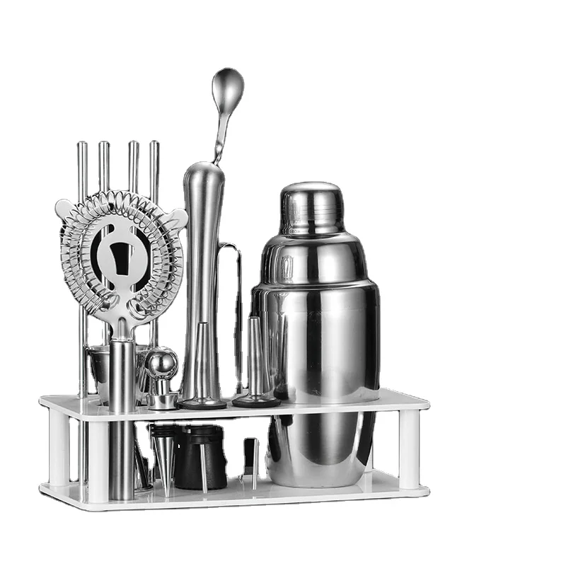 

Stainless Steel Cocktail Shaker Set with Plastic Rack Bar Tools Whisky Beverage Bartender Set