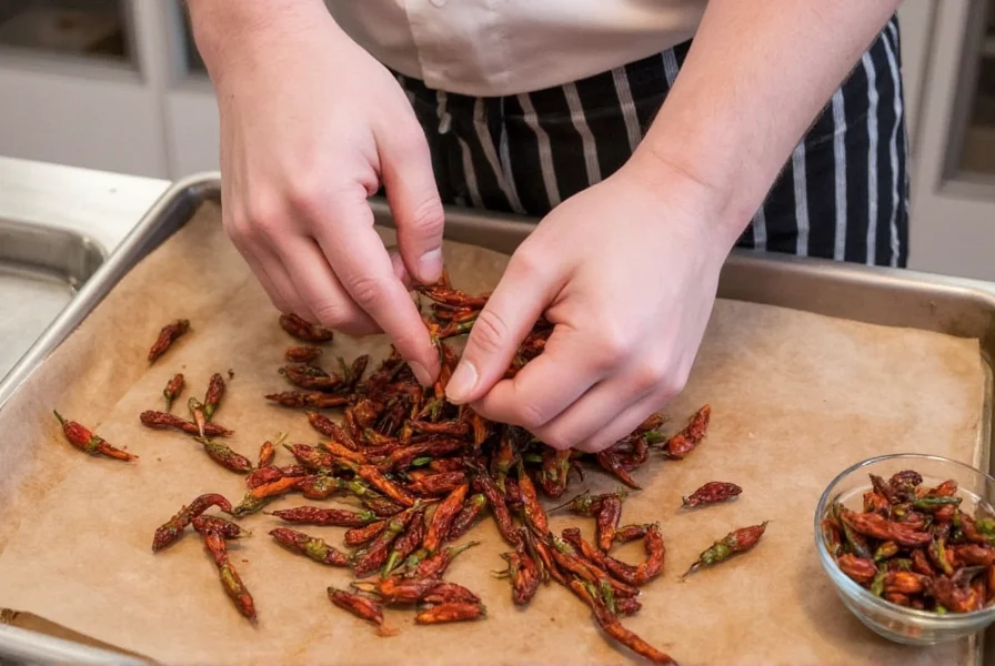 Chef preparing dried pasilla peppers by removing stems and seeds before rehydration