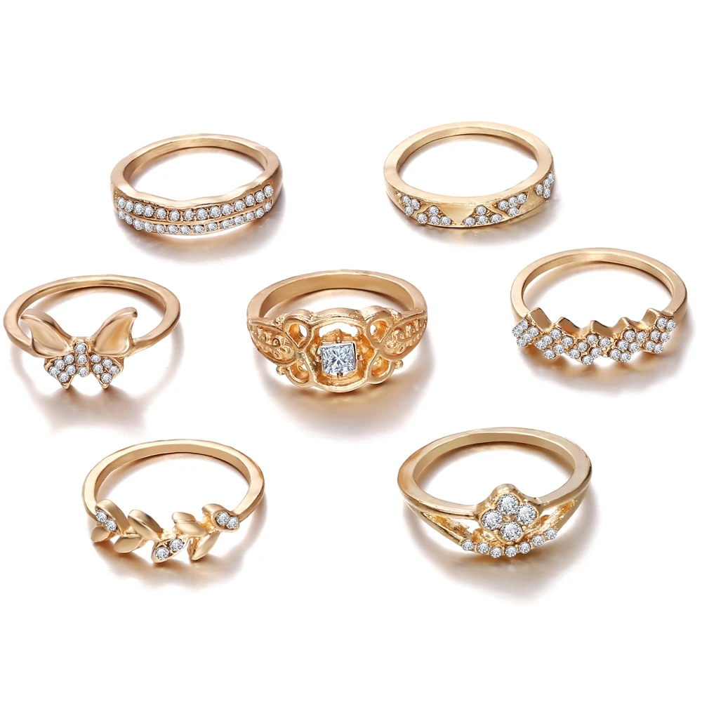 

50605 Hand Rings Set Fashion Accessories New 2021 alloy diamond leaf butterfly ring set 7 piece set Retro geometric joint rings