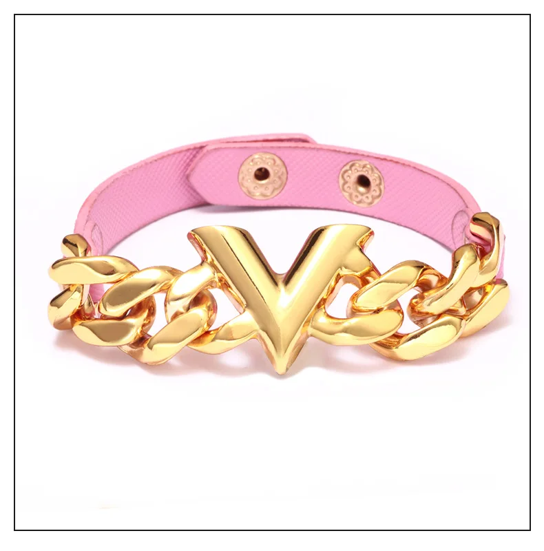 

2021New Women's V-shaped PU Leather Bracelet Mini Alloy Chain Belt Buckle Adjustable Snap Button Jewelry, Five colors