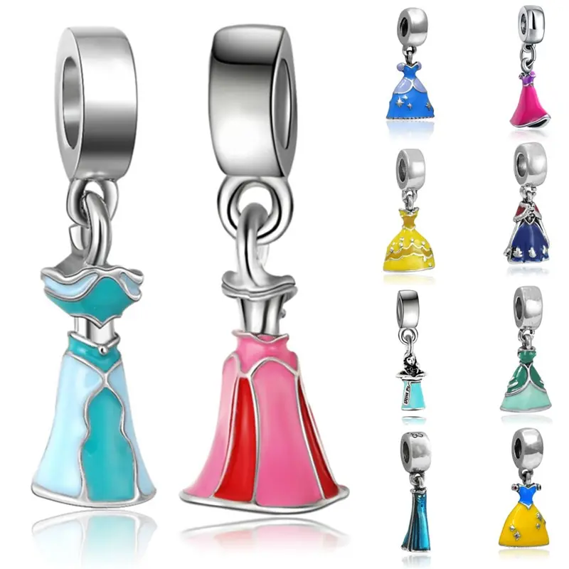 

10 Styles Princess Dress Charms Dangle Bead Silver Plated Pendant Beads Fit DIY Pandora Charm Bracelets Fashion Jewelry