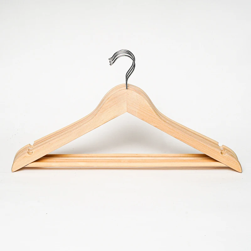 Natural Wood Hanger With Chrome Hook and Bar For Coat
