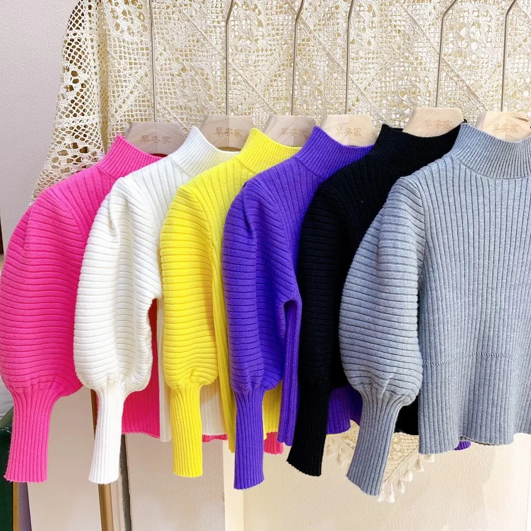 

2021 Fall Children Girl Turtle Neck Pullover Puff Sleeve Solid Sweater 3-8T, As photos