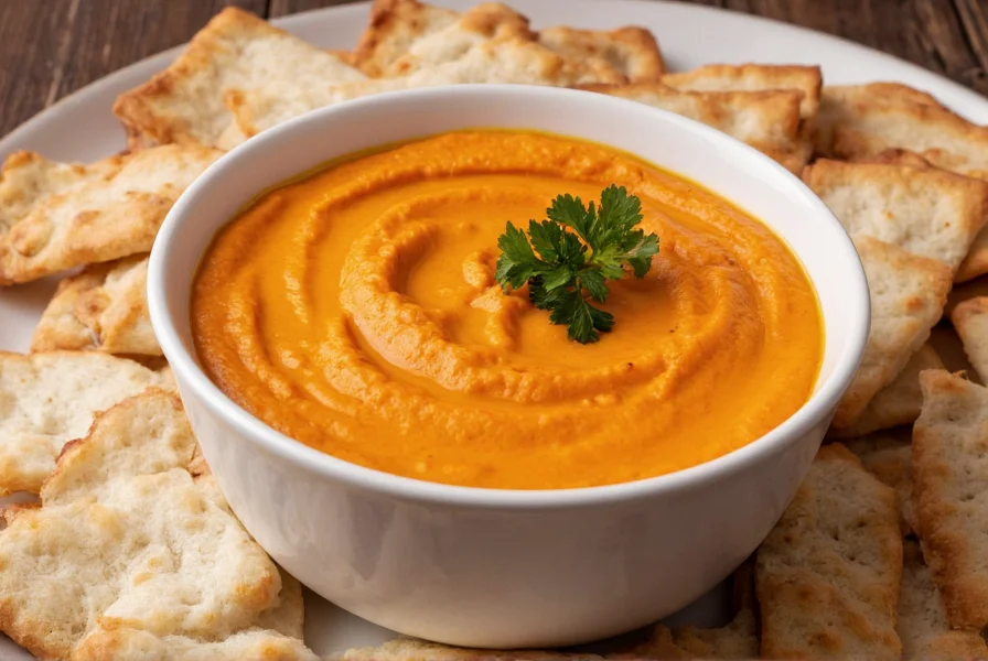 Creamy red pepper hummus in bowl with olive oil drizzle, fresh parsley garnish, and pita bread arranged around it on wooden table