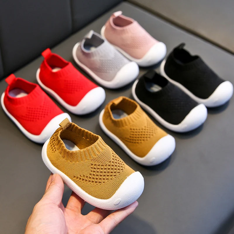 

New Children's breathable soft mesh upper knitted shoes toddler kids prewalker boys girls baby stripe Casual Shoes B1, As photo
