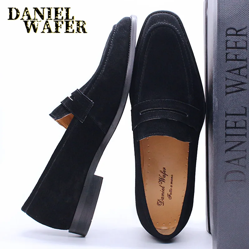 

Classic Nubuck Leather Loafers Black Casual Men Driving Shoes, Black, brown or customize