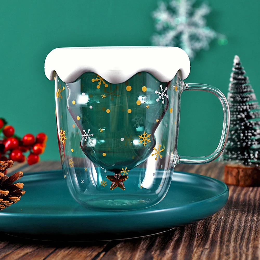 

Xmas Tree Gift Set Christmas Fancy Transparent Double Wall Glass Cups With Lid