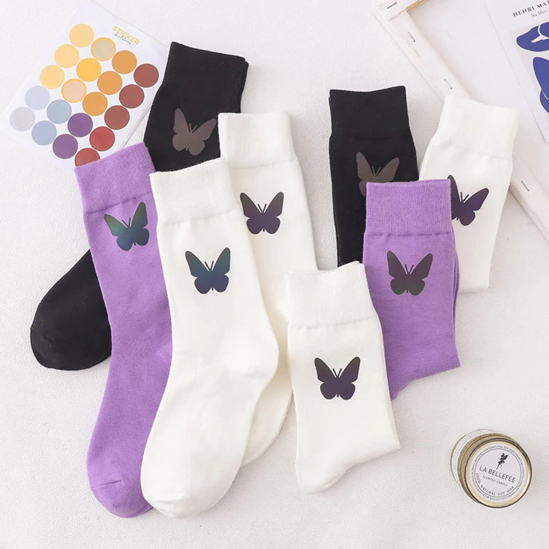 

Reflective Butterfly Woman Socks Soft Cotton Autumn Winter Socks Women Elastic Breathable Middle Tube Socks, Black,purple,white