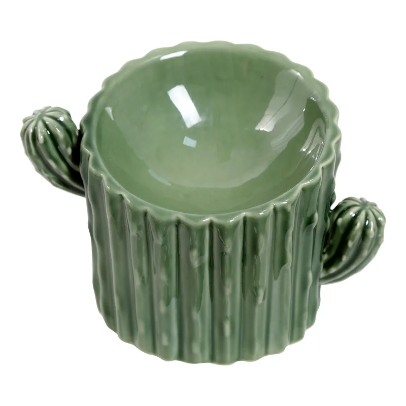 

Hot Selling Creative Cactus Design Ceramic Protective Neck Tall bowl Raised Dog & Cat food feeder