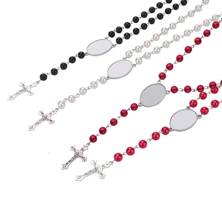 

G2040 Rosaries Religious Catholic Cross Pendant Sublimation Blank Rosary Necklace with Oval Insert