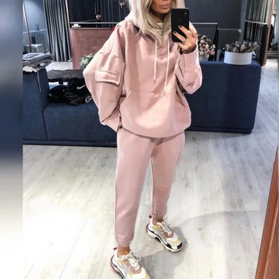 

10% Off Winter Casual Hooded Sweatshirt set Loose large women's suit Drop shoulder sleeve pocket two piece set