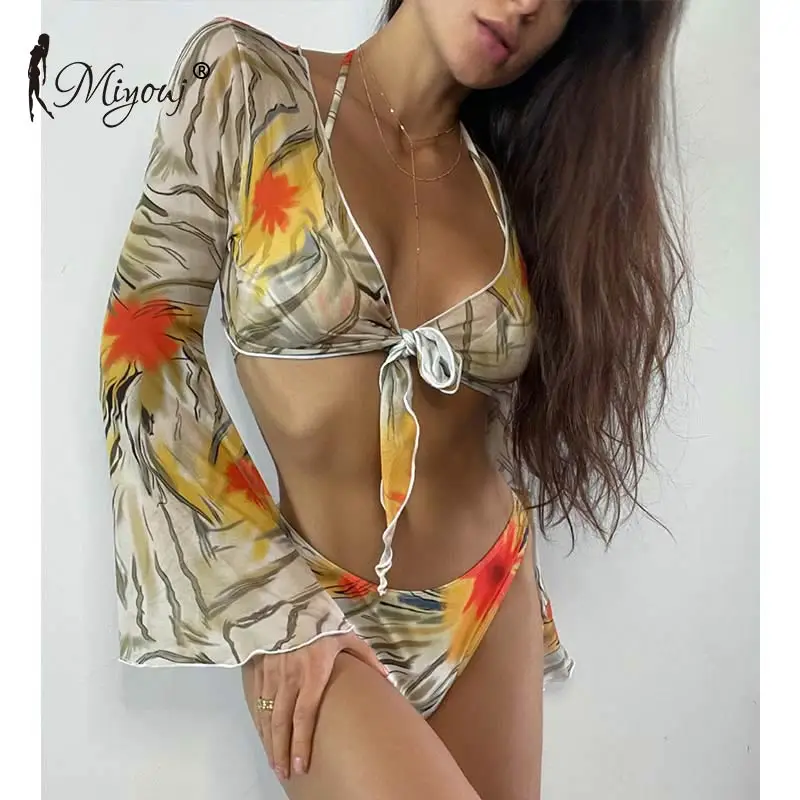 

Miyouj Tie-dye print 3 piece swimsuit 2021 long sleeve swimwear women knot biquini beach wear female sexy mesh bikini, Customized colors