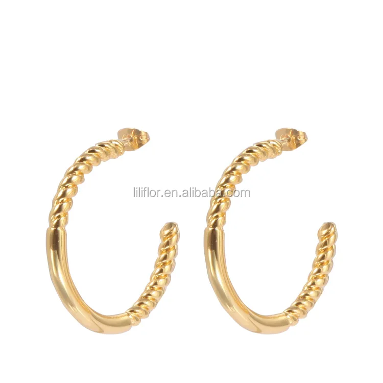 

High Quality 18 Karat Gold Plated Brass Twist at both ends C-shaped Stud Earrings E201165