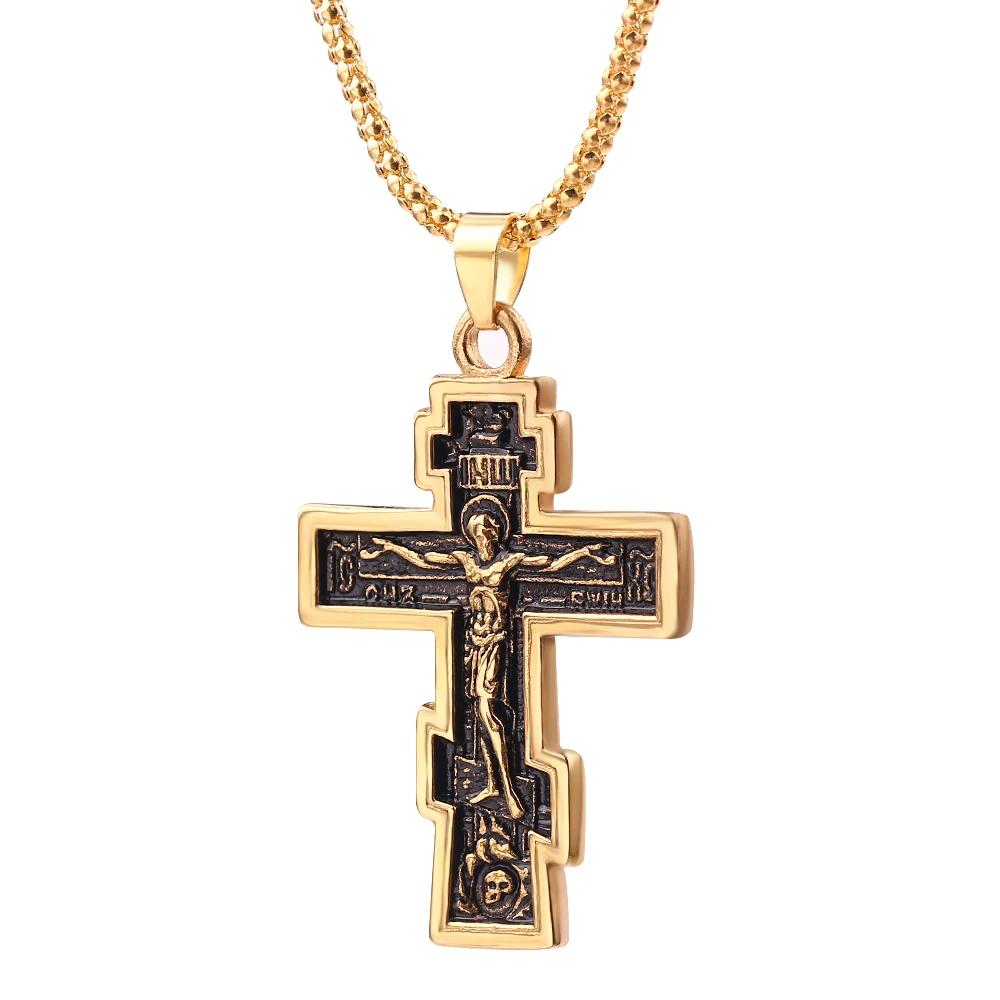 

Christian Orthodox Crucifix Jesus Cross Pendant Necklace Prayer Big Pendant Jesus Cross Pendant Men Women Jewelry, Vintage gold color