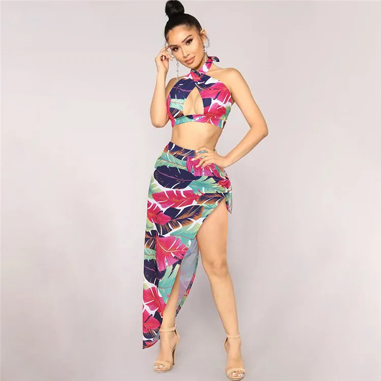

2020 Beach Holiday Leaf Print Split Swimsuit Bikini Swimwear, Customized color/as show