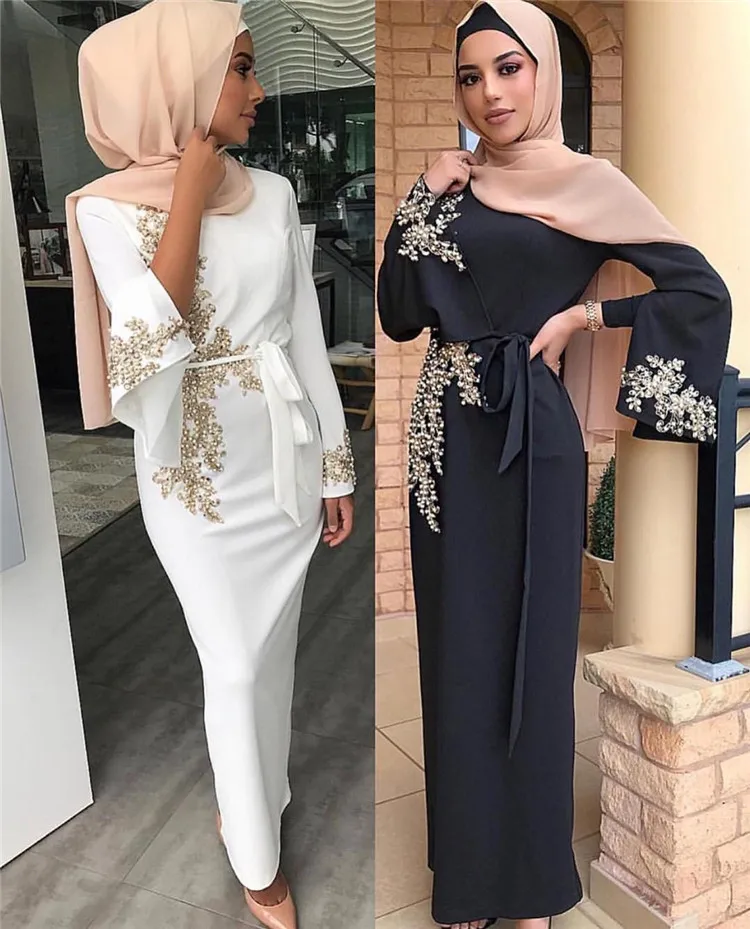 

Hpt Sale Muslim modern Elegent maxi dress elastic with pearl, Black;white;purple